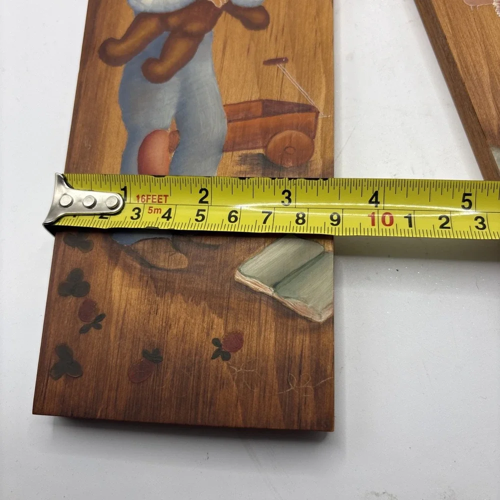 Vtg Folk Art Wood Wall Plaques Set Of 2 Boy Teddy Bear Girl Nursery Cottagecore